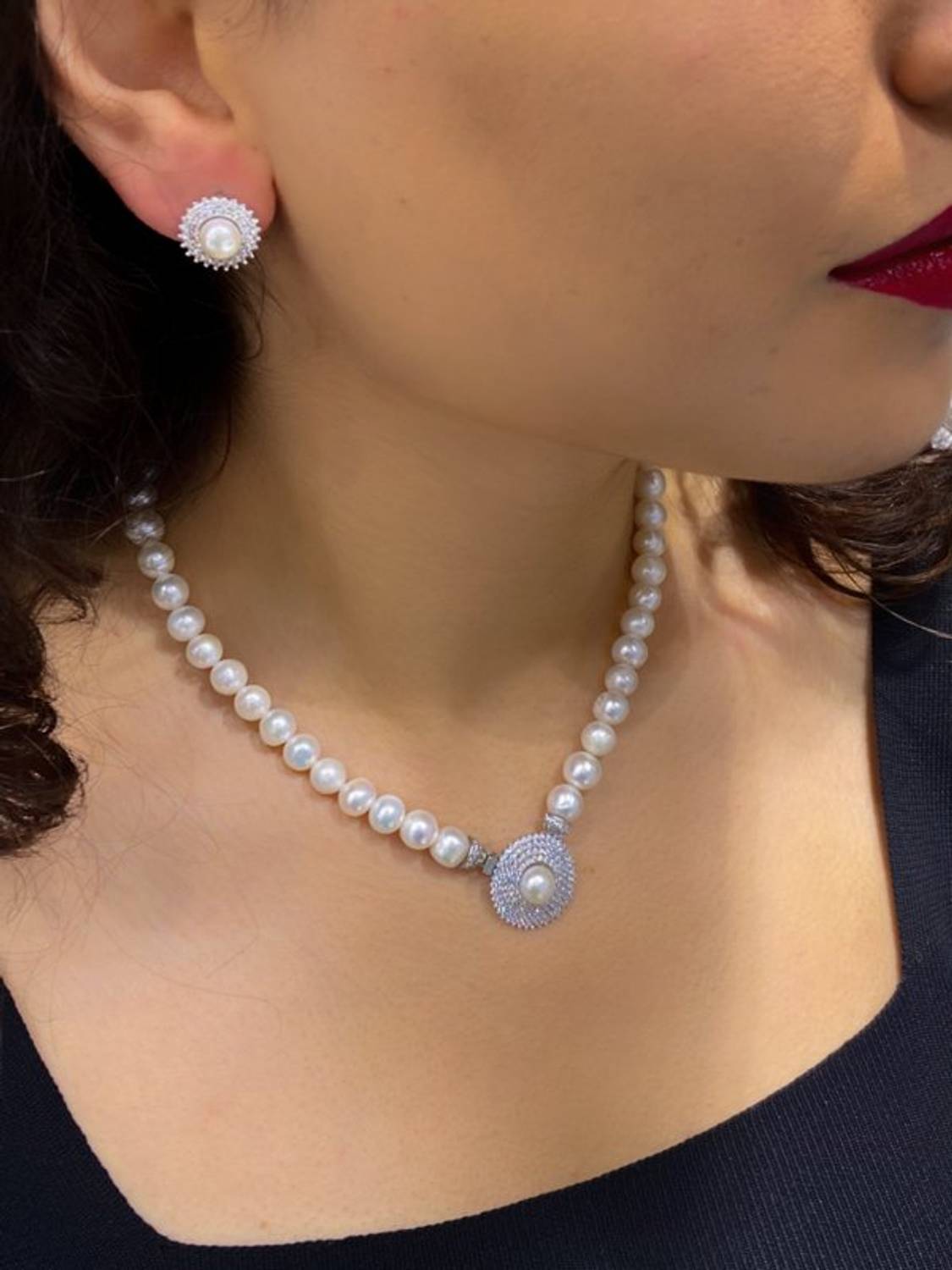 Gold Model Plain Stylish Pearl Necklace Earrings 925 Sterling Silver Set