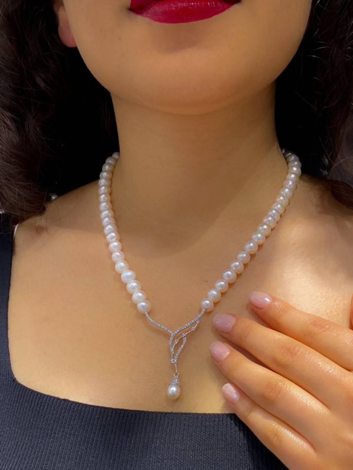 إسقاط قطرة الذهب نموذج عقد من اللؤلؤ 925 الفضة الاسترليني قلادة