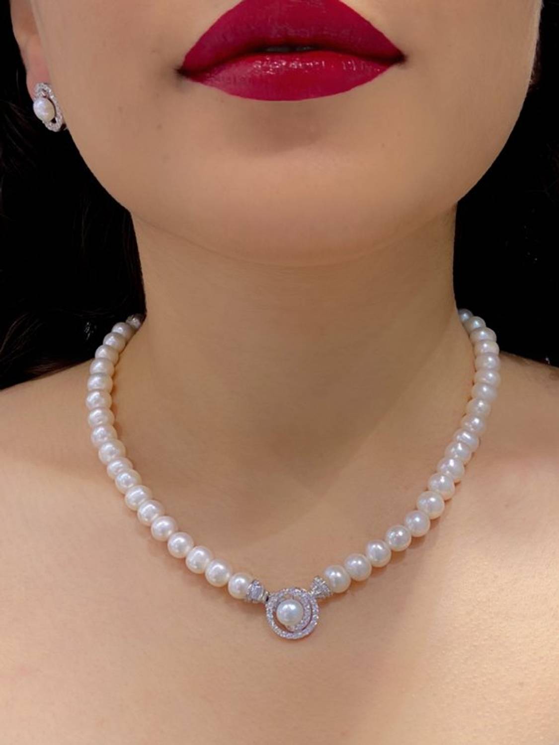 MaGümüş Gold Model Pearl Necklace Set 925 Silver Set