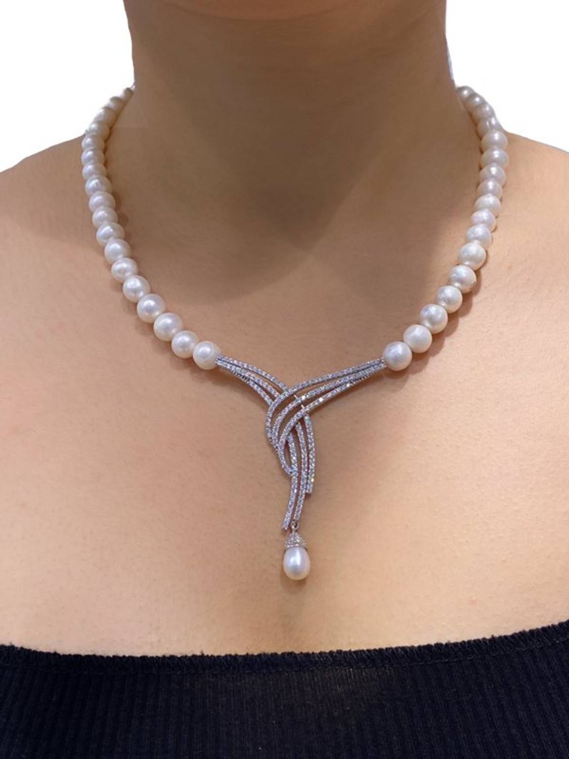 MaSilver Waterline Real Pearl Choker 925 Sterling Silver Necklace
