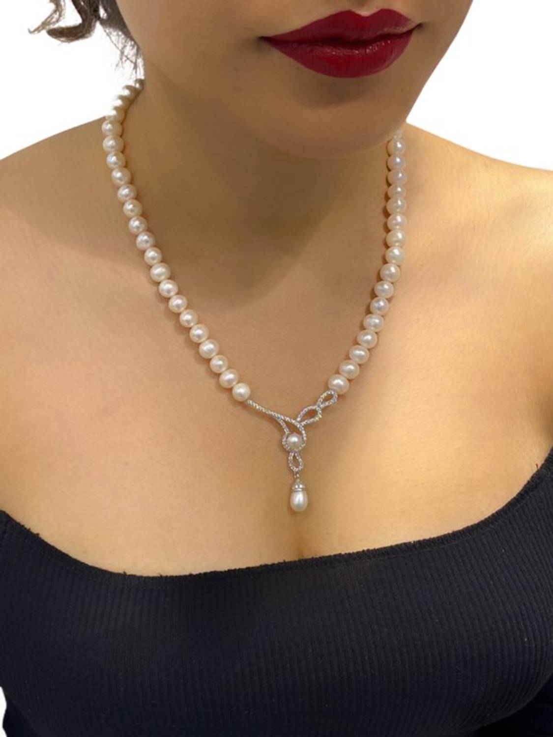 Нова золота модель намиста з перлами, кол'є з срібла 925, родійове покриття, 42 см, вага 44 г, якісний турецький ювелірний виріб