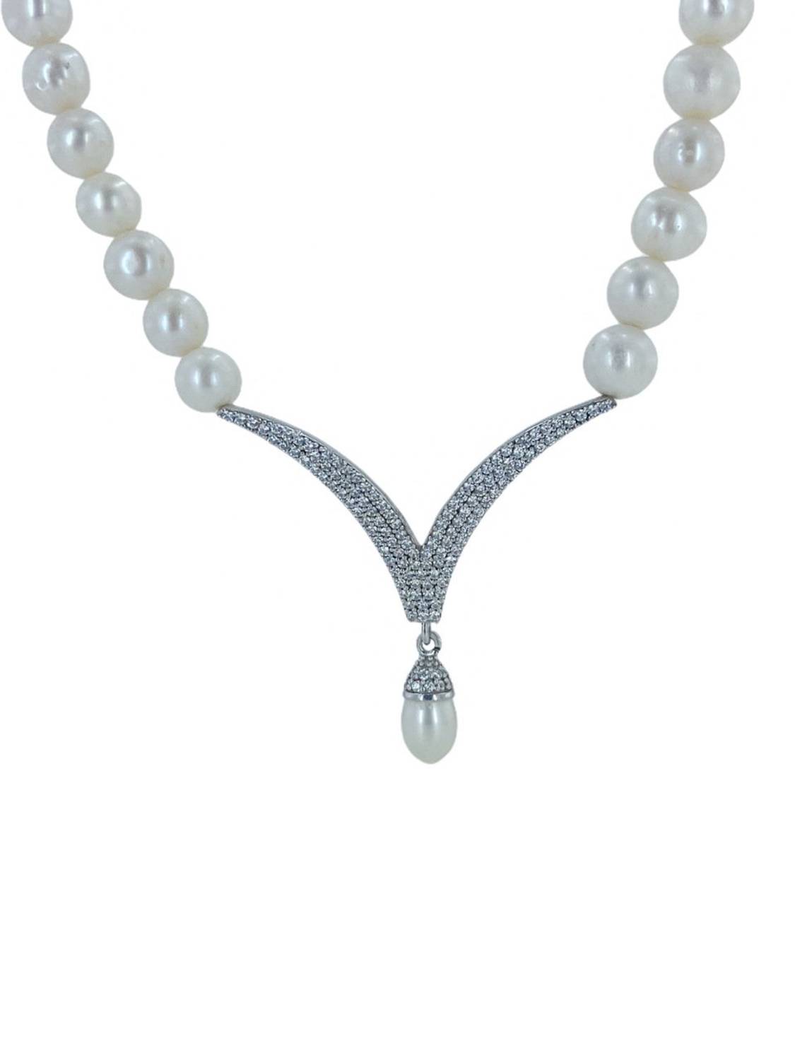 New V-Neck Waterline Drop Drop Stone Pearl Choker Sterling Silver Necklace