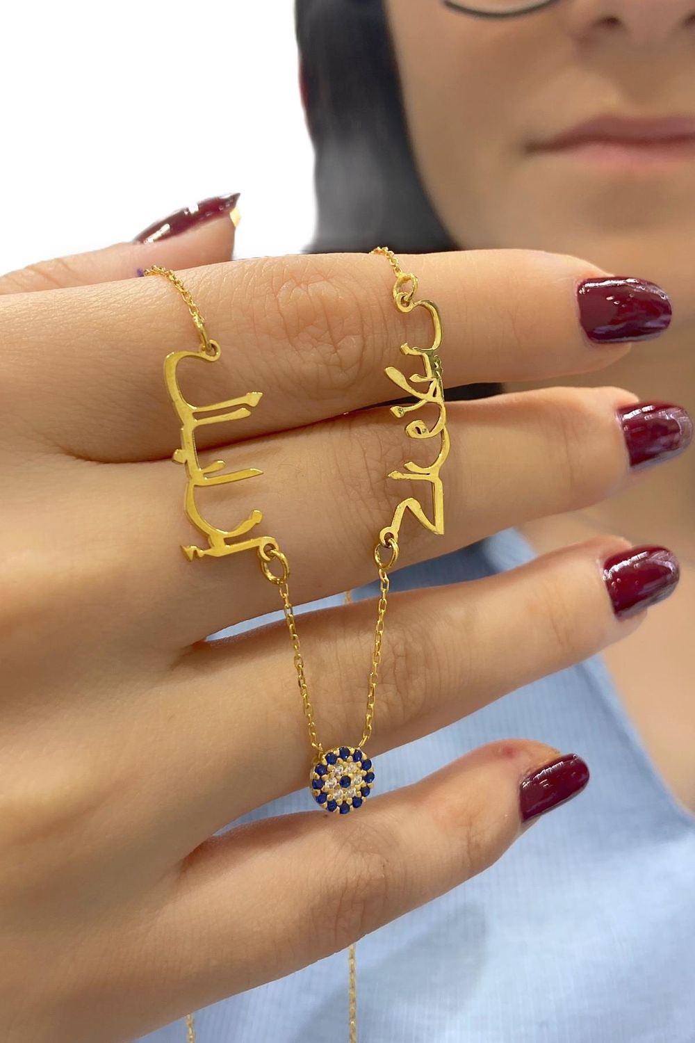 Arabic Name Written 2 Names Evil Eye Gold Plated 925 Silver Necklace