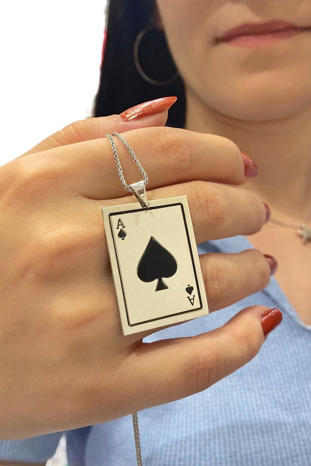 Special Design Production Ace of Spades Playing Cards 60 cm 925 Silver Necklace
