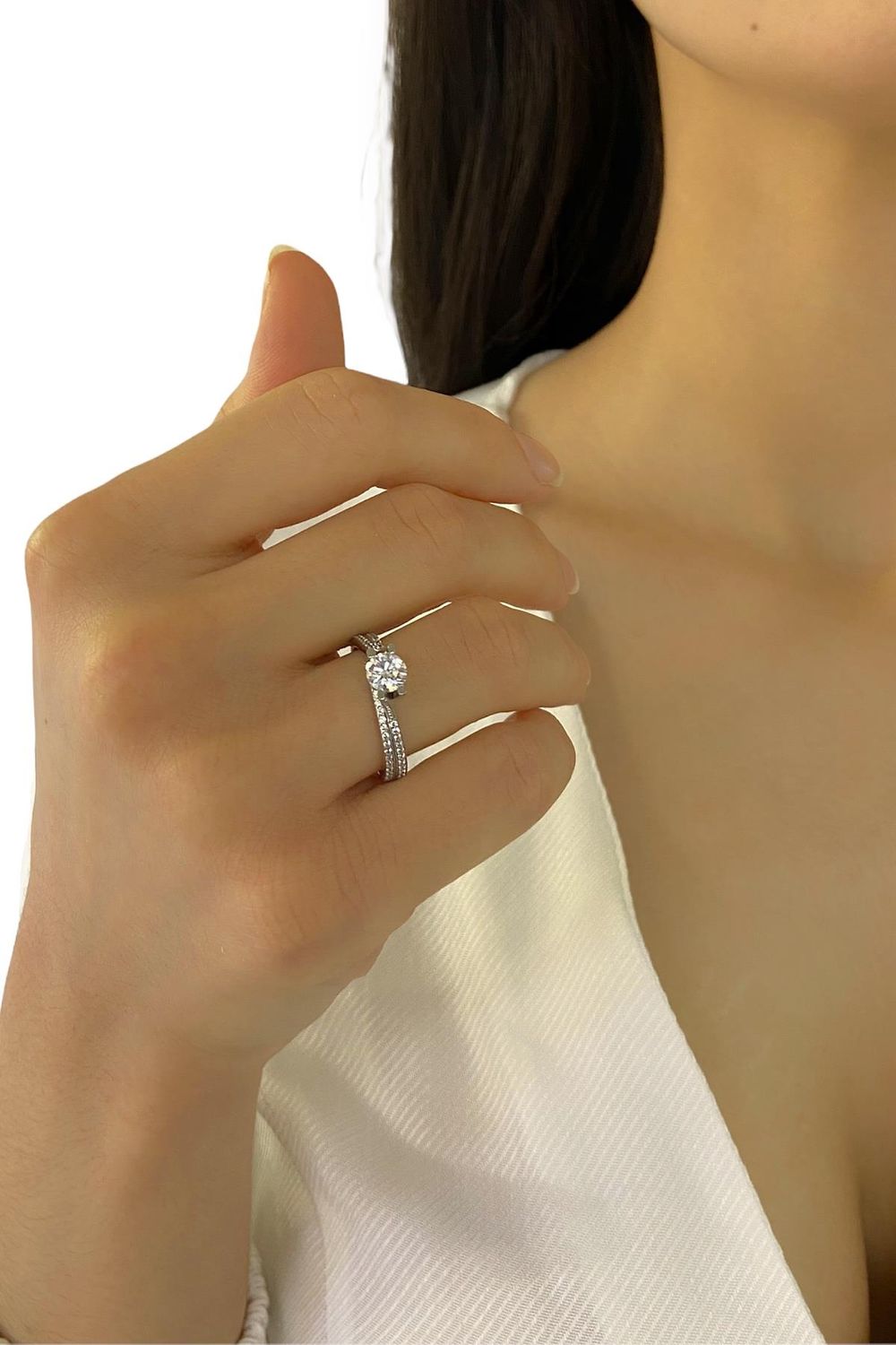 8K White Gold Row Stone Zircon Solitaire Ring