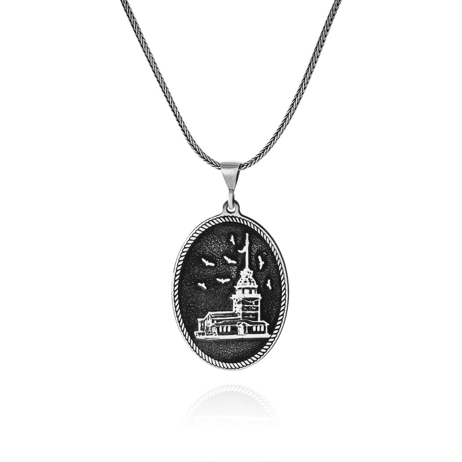 Relief Work Maiden's Tower Istanbul 60 cm 925 Sterling Silver Necklace