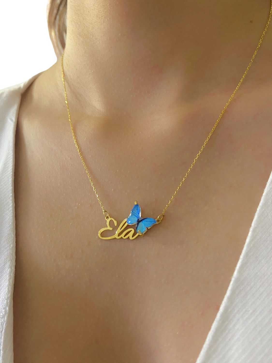 Gold Plated Three Dimensional Butterfly Name 925 Sterling Silver Necklace