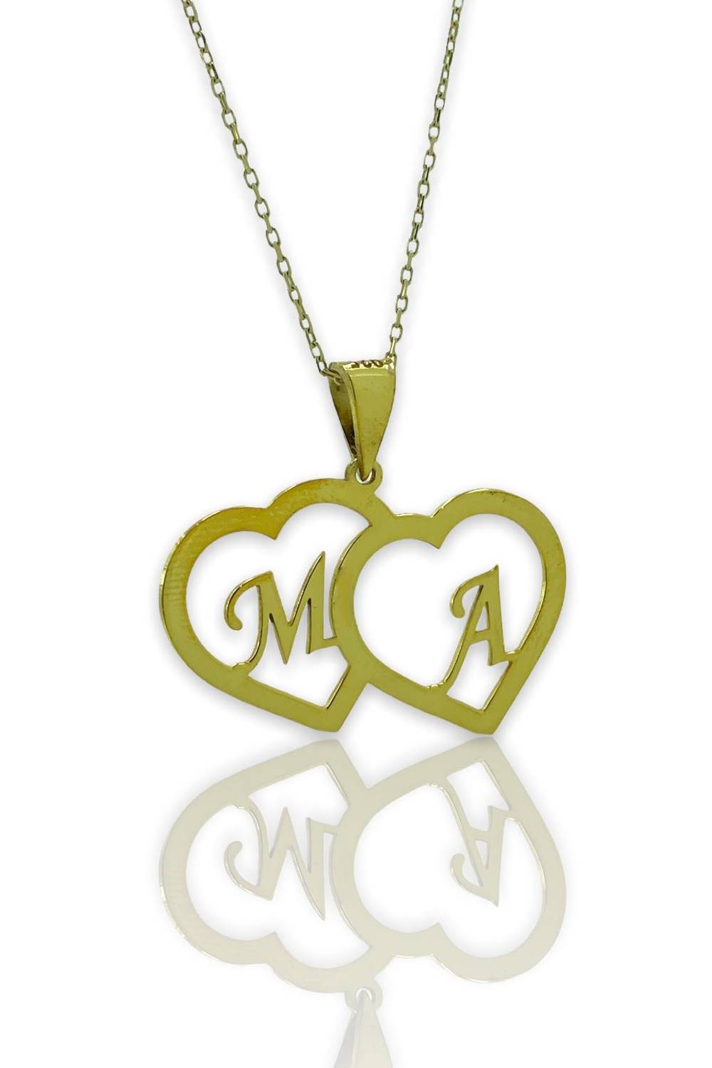 Двухсердечный кулон с двумя буквами из золота 925 из серебра без камней, 32 мм, длина цепочки 45 см