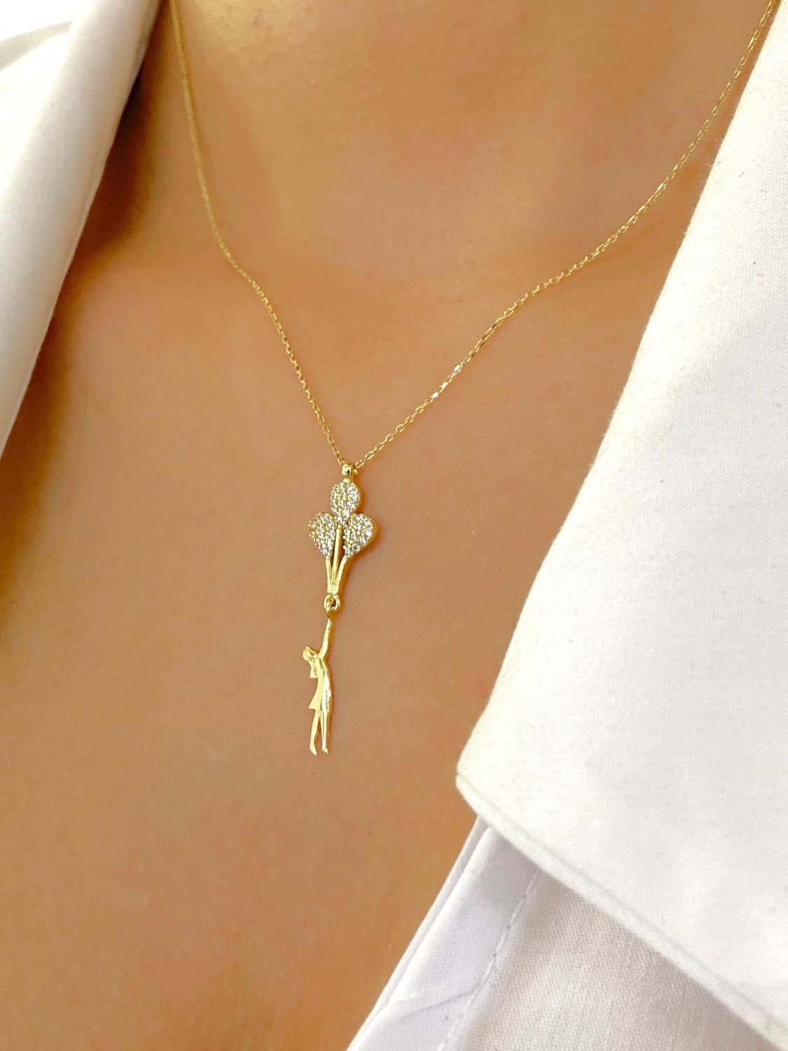 14k Gold Balloon Girl Pearl's Necklace Pendant