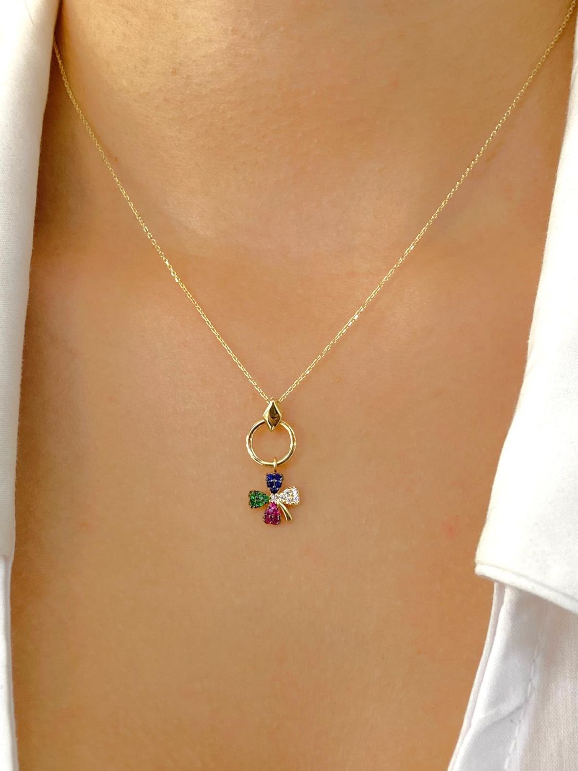 14 Ayar Altın Sallantılı Renkli Dört Yaprak Yonca Kolye