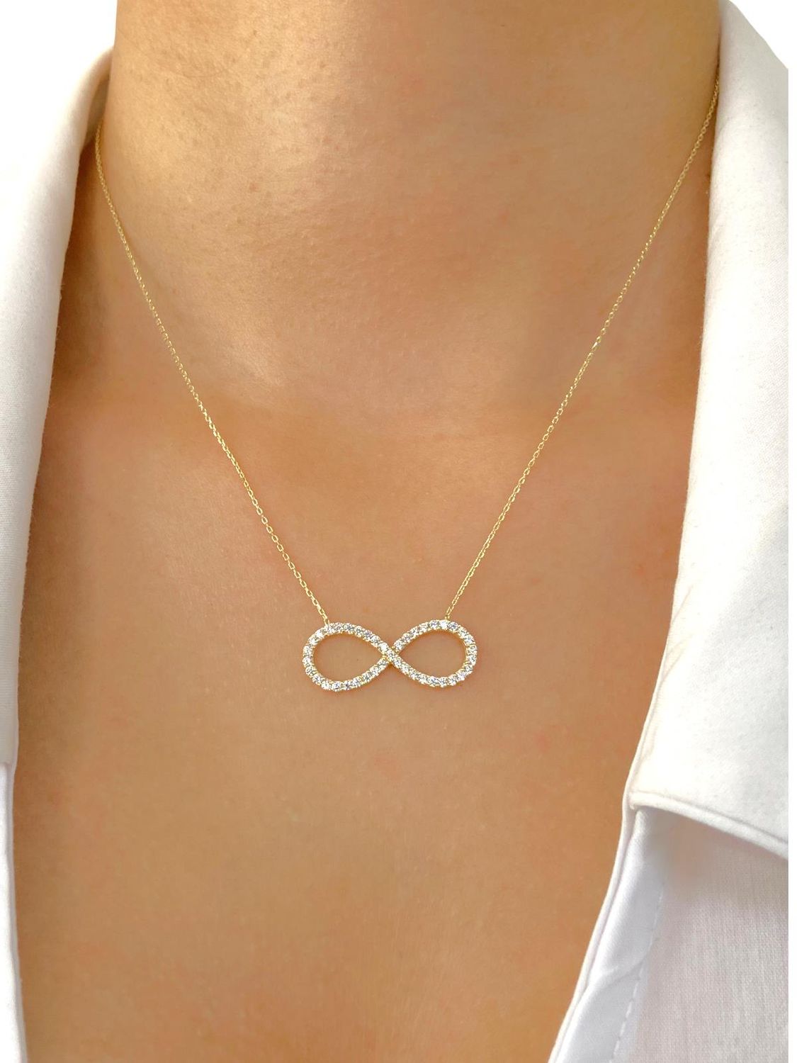 14-каратне золоте велике намисто безкінечності "Безмежна любов" з кубічними і брусковими цирконіями, 45 см, сертифікат якості