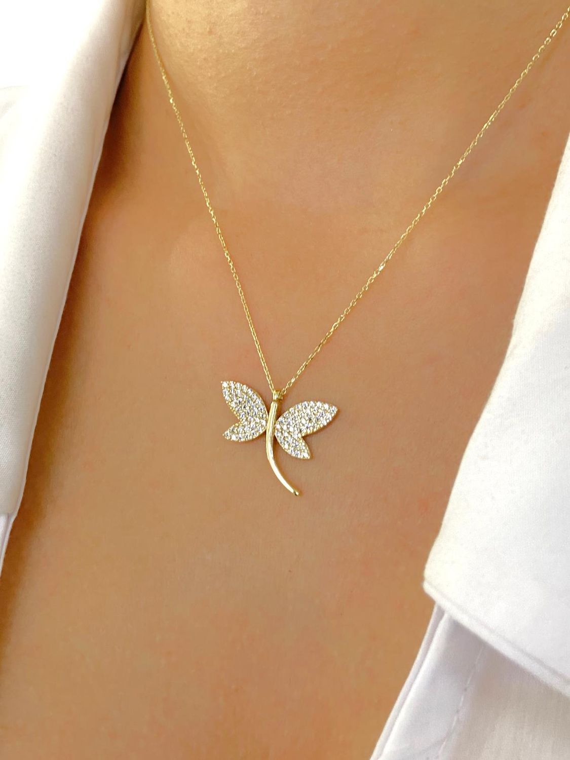 14K Gold Top Quality Special Design Dragonfly Butterfly Necklace