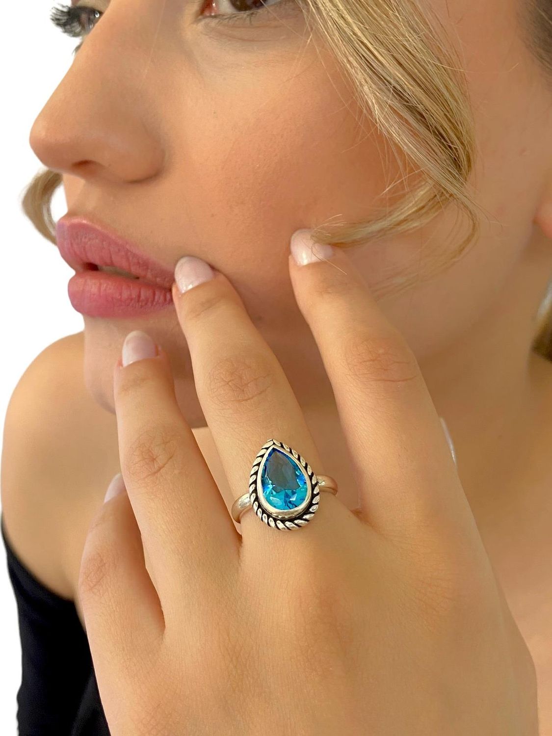 Ювелірний круглий 925 проби срібний перстень з аквамарином ручної роботи, високоякісна ювелірна продукція