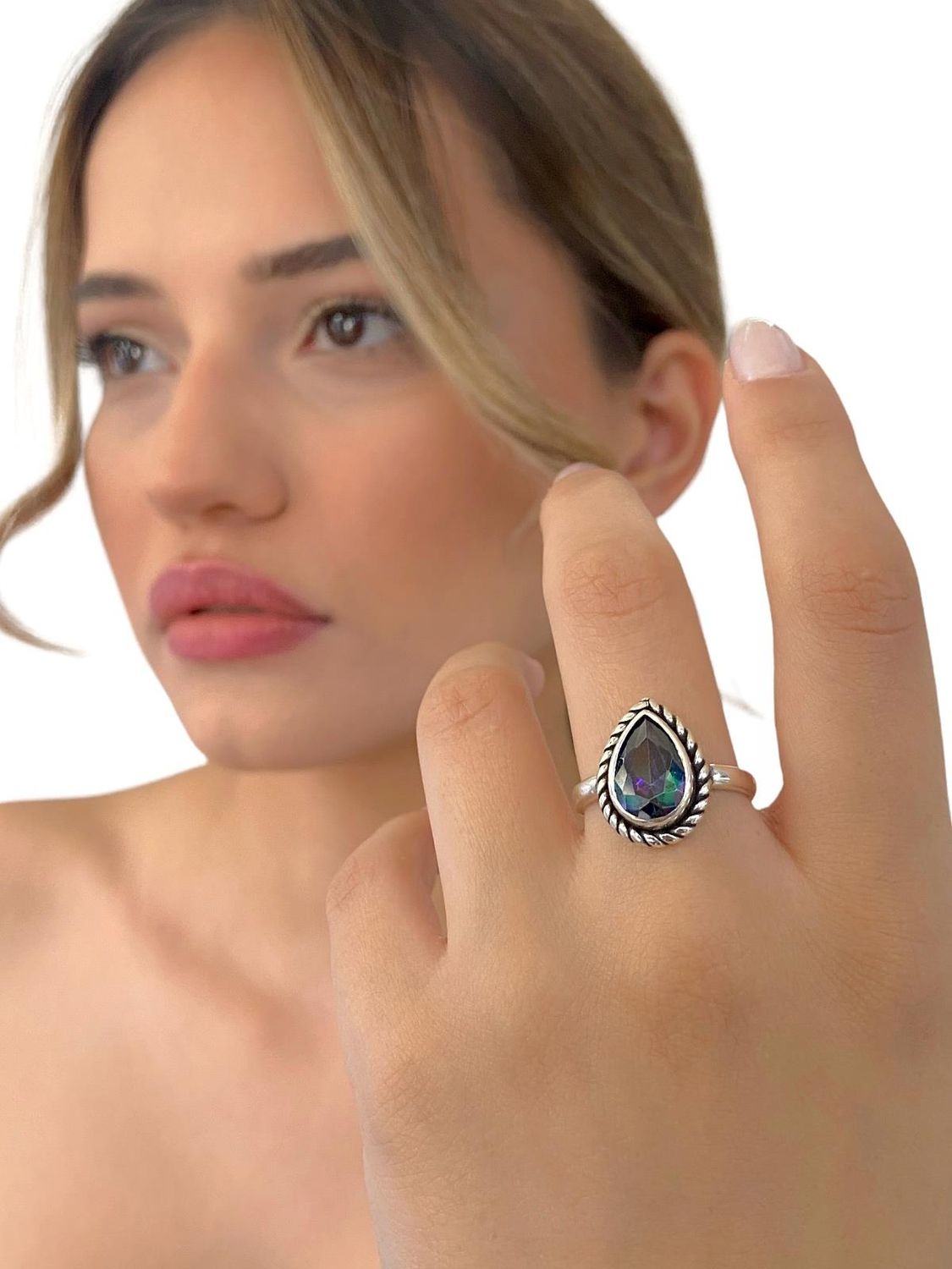 925 Sterling Silver Drop Mystic Topaz Authentic Top Quality Sterling Silver Ring