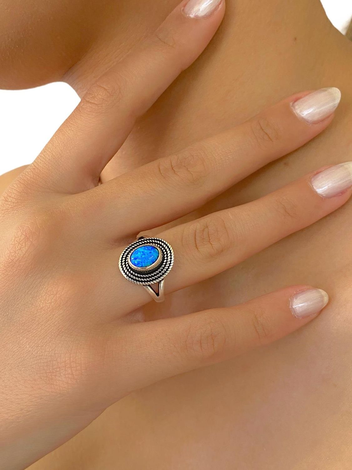 925 Sterling Silver Hand Made Authentic Natural Oval Opal Stone Ring