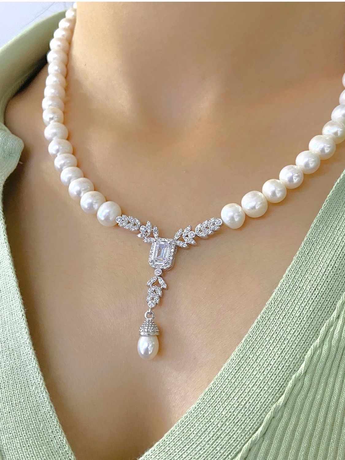 Baguette Zircon Diamond Model 925 Sterling Silver Pearl Choker Necklace