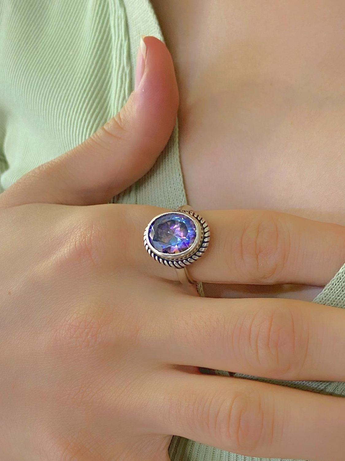 925 Sterling Silver Oval Mystic Topaz Stone Special Model Ring