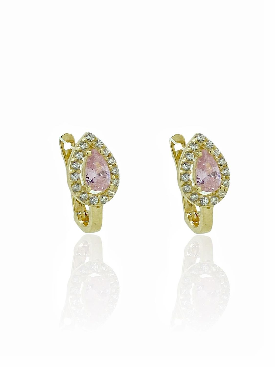 Сережки для дітей з 8-каратного золота з рожевим кварцом та цирконом, розмір 8х6 мм, жовте золото, сертифіковано, українське виробництво