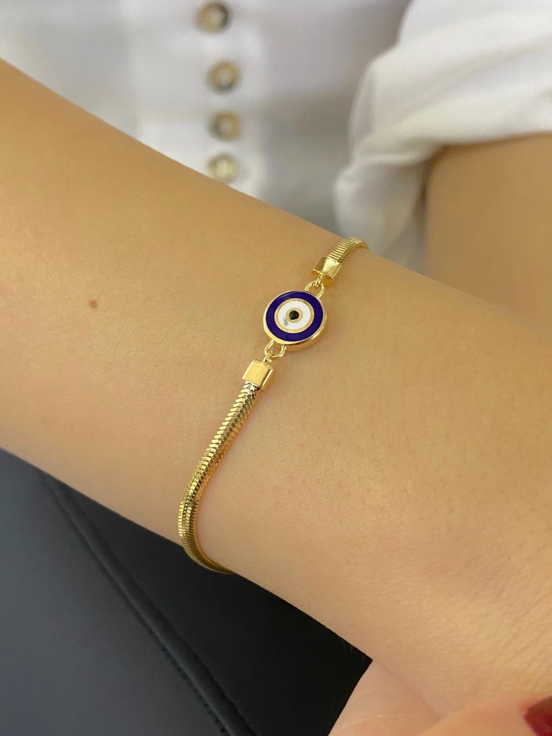 Buy 8K Evil Eye Bead Flat Chain Gold Bracelet online store of