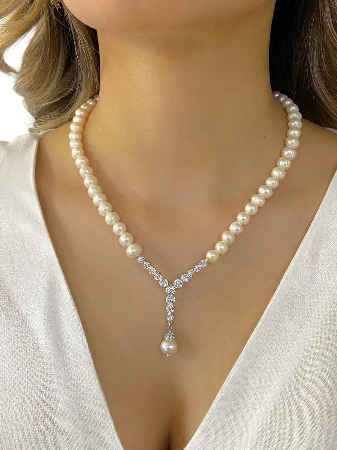 925 Sterling Silver Waterline Sparkle Gold Model Pearl Choker Necklace