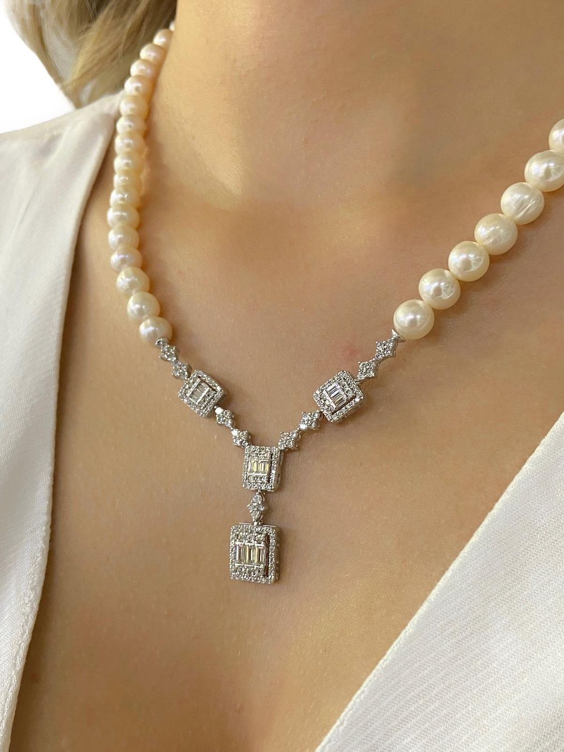 925 Silver Baguette Zircon Trend Model Pearl Choker Necklace