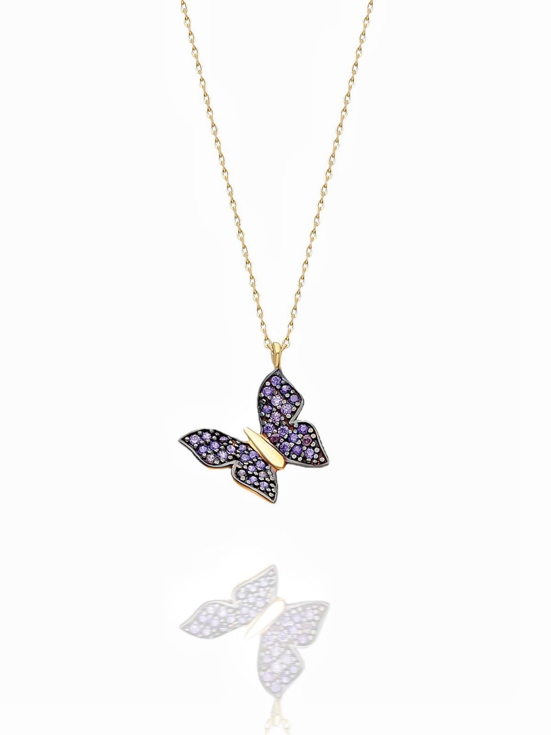 14K Purple Amethyst Stone Tiny Butterfly Very Elegant Gold Necklace