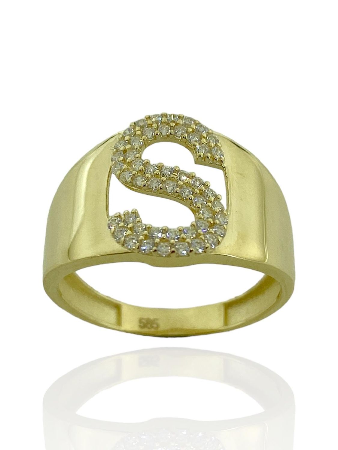 Золотое кольцо высокого качества с буквой S, 14 карат, с цирконом, желтое золото, различные размеры