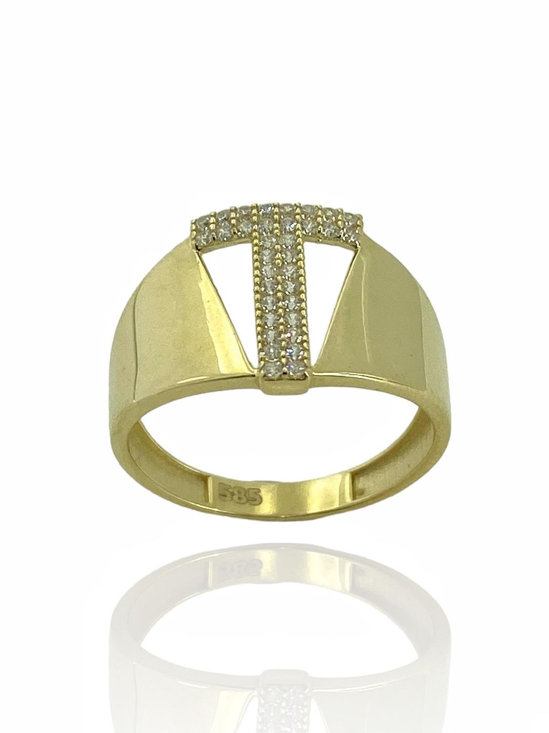 14-каратний золотий кільце з літерою Т, високоякісна обробка, з цирконіями, жовте золото, різні розміри