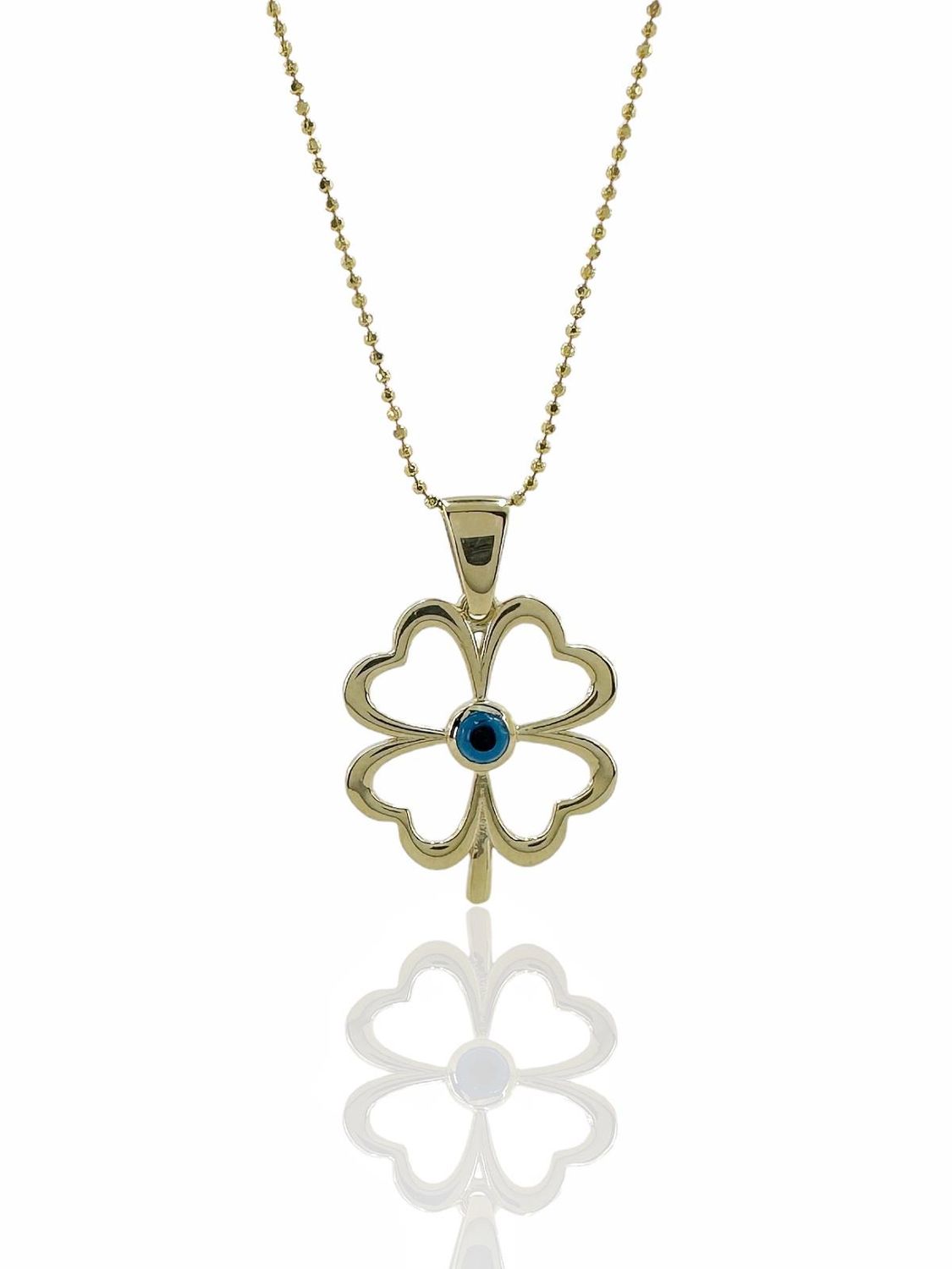 Four Leaf Clover Evil Eye Glass Eye Bead 50 cm Chain 14k Gold Necklace