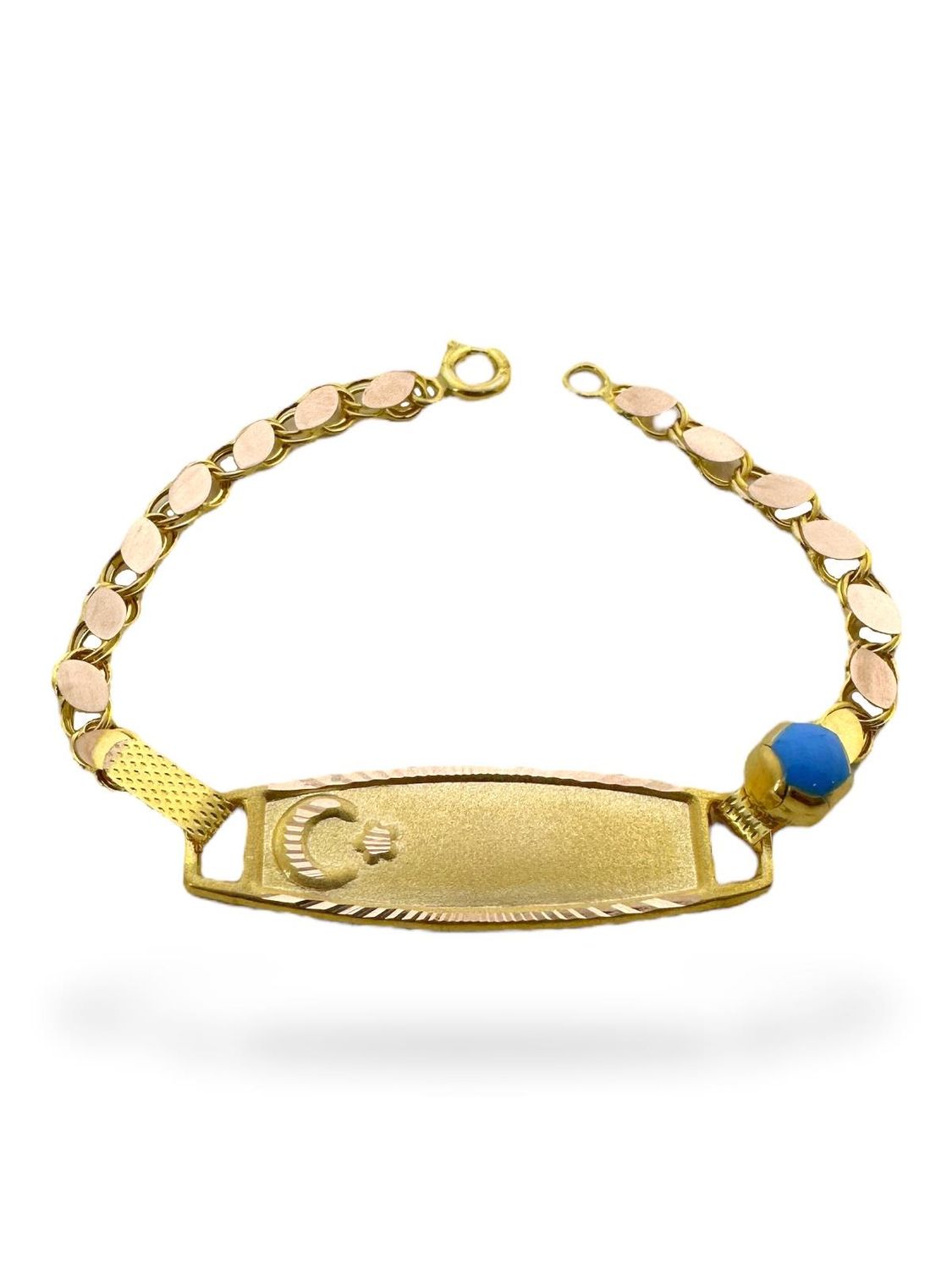 14K Gold Crescent Blue Beads Baby Child Tag Bracelet