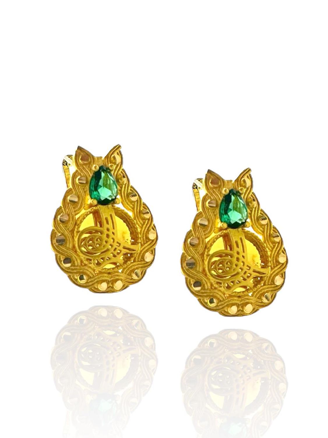 Tuğra Damla Zümrüt Taş Lale Altın Küpe