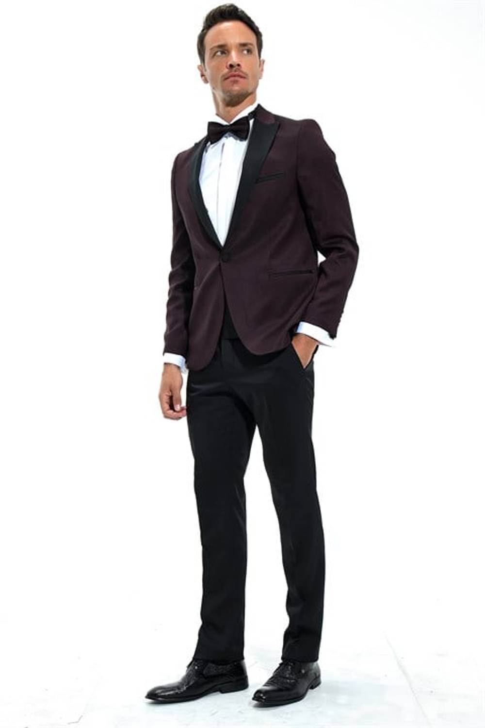  Morven Men's Dark Claret Red Modena Slimfit Jacquard Tuxedo