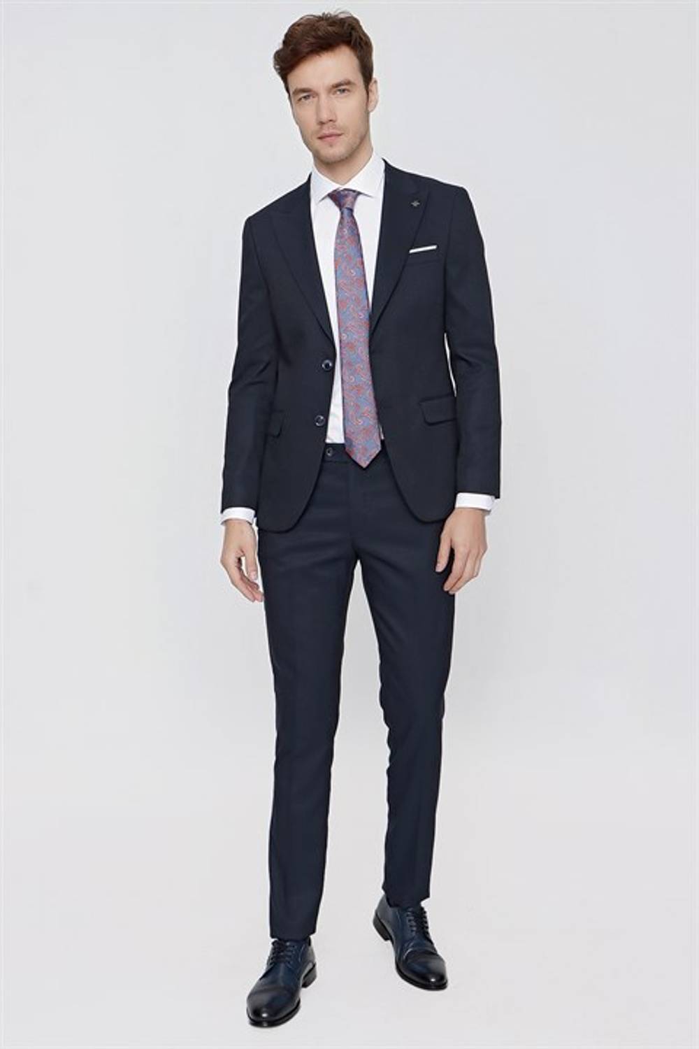 Стильний чоловічий темно-синій класичний піджак Santos, Slim Fit, з жакардовим малюнком, гострим коміром та двома розрізами