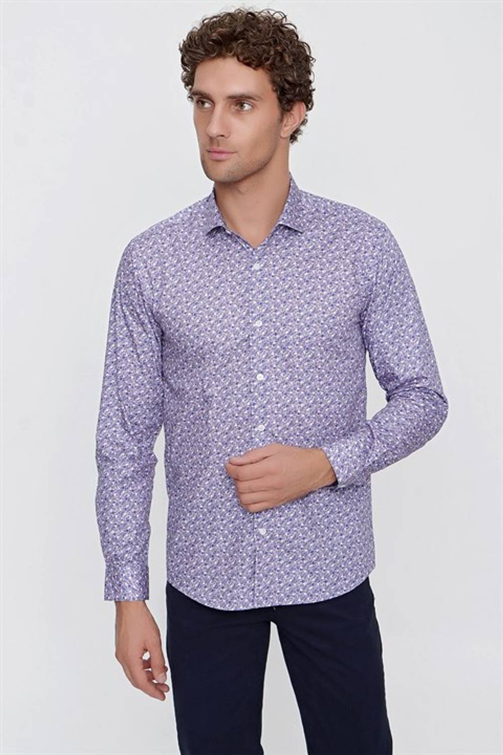  Morven Erkek Pembe Pamuk Baskılı Slim Fit Dar Kesim Gömlek