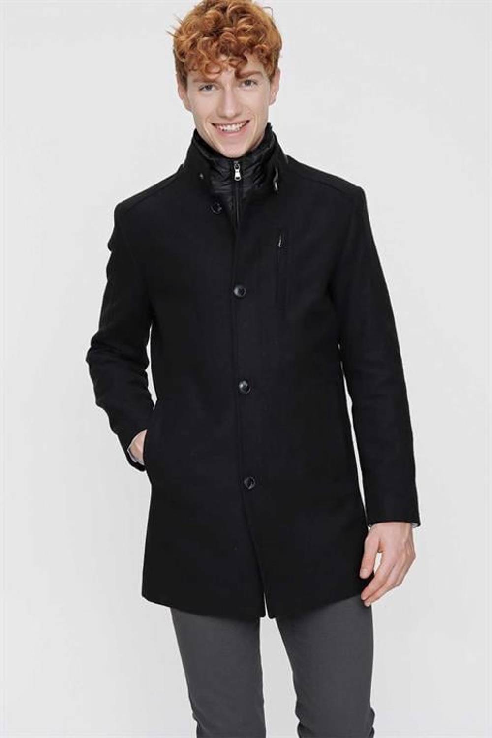 Morven Men's Black Plain Pattern Shearling Dynamic Fit Flared Collar Coat