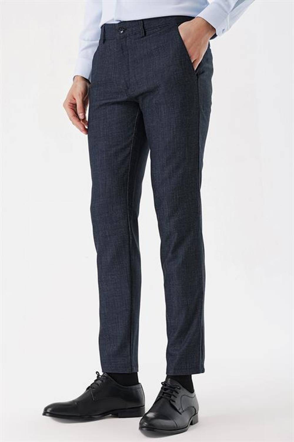 Morven Erkek Lacivert Poliviskon Desenli Slim Fit  Pantolon