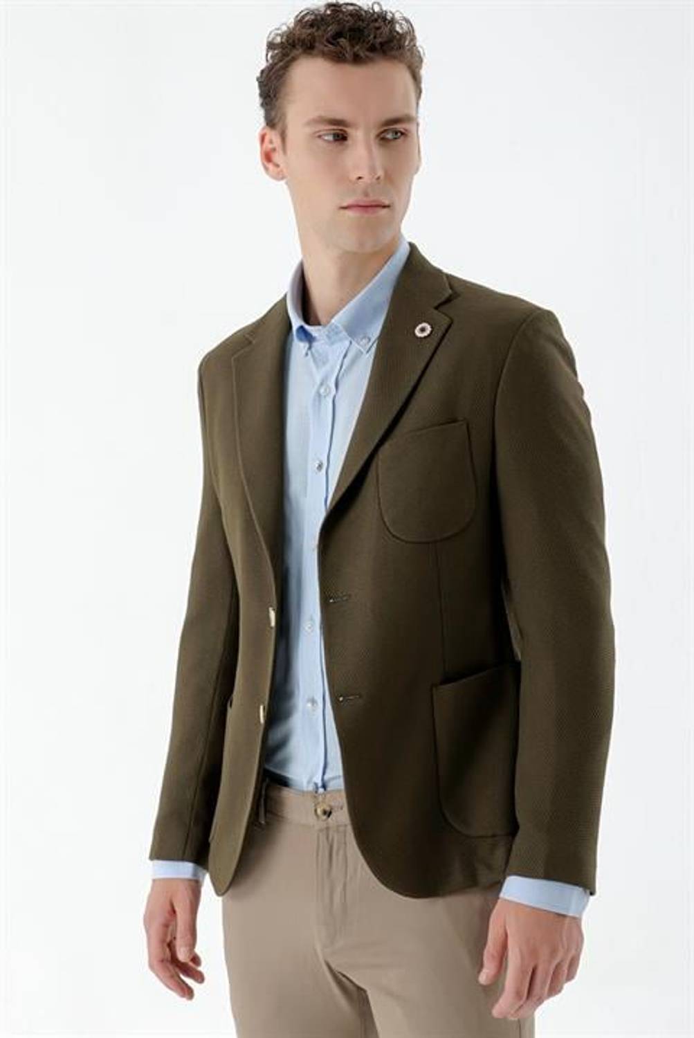 سترة رياضية للرجال من Morven باللون الكاكي المنسوج بجيب وجيب أحادي الياقة