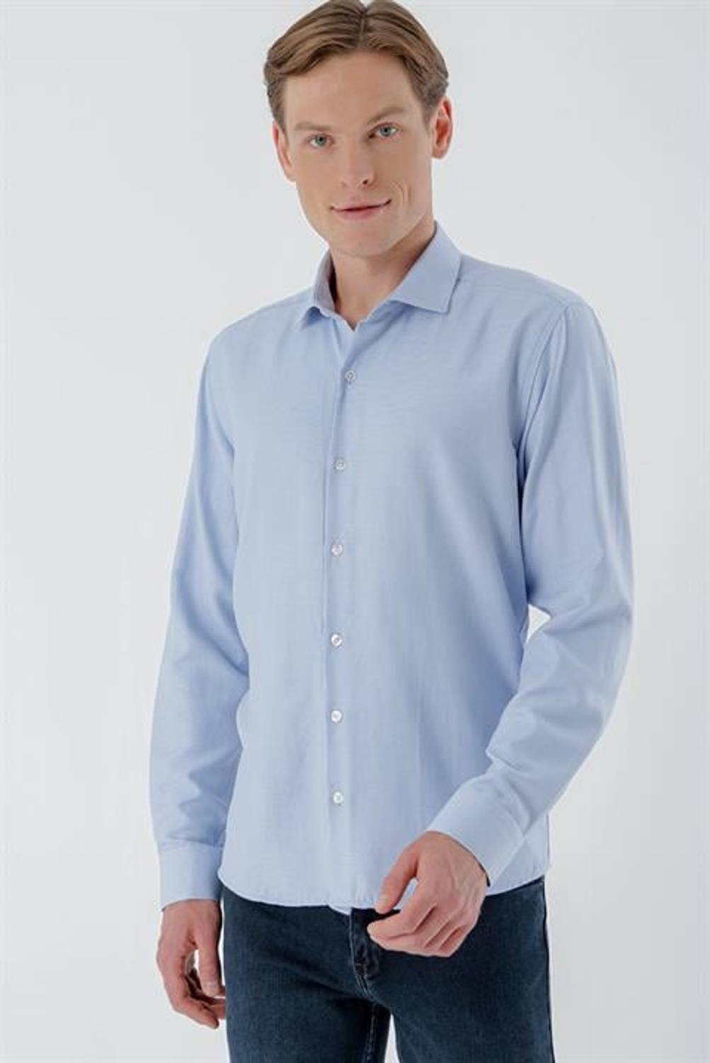 Morven Erkek Mavi Trend Baskılı Desenli İtalyan Yaka Slim Fit Gömlek