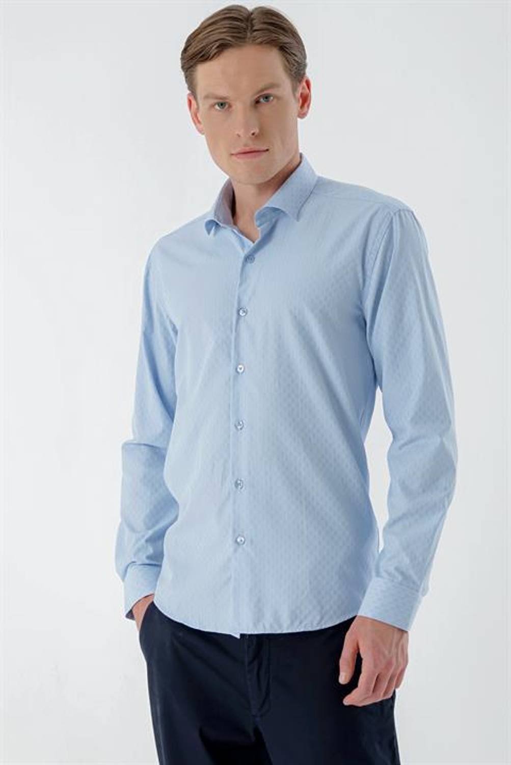 Morven Erkek A. MAVİ Trend Çizgili Panolu İtalyan Yaka Slim Fit Gömlek