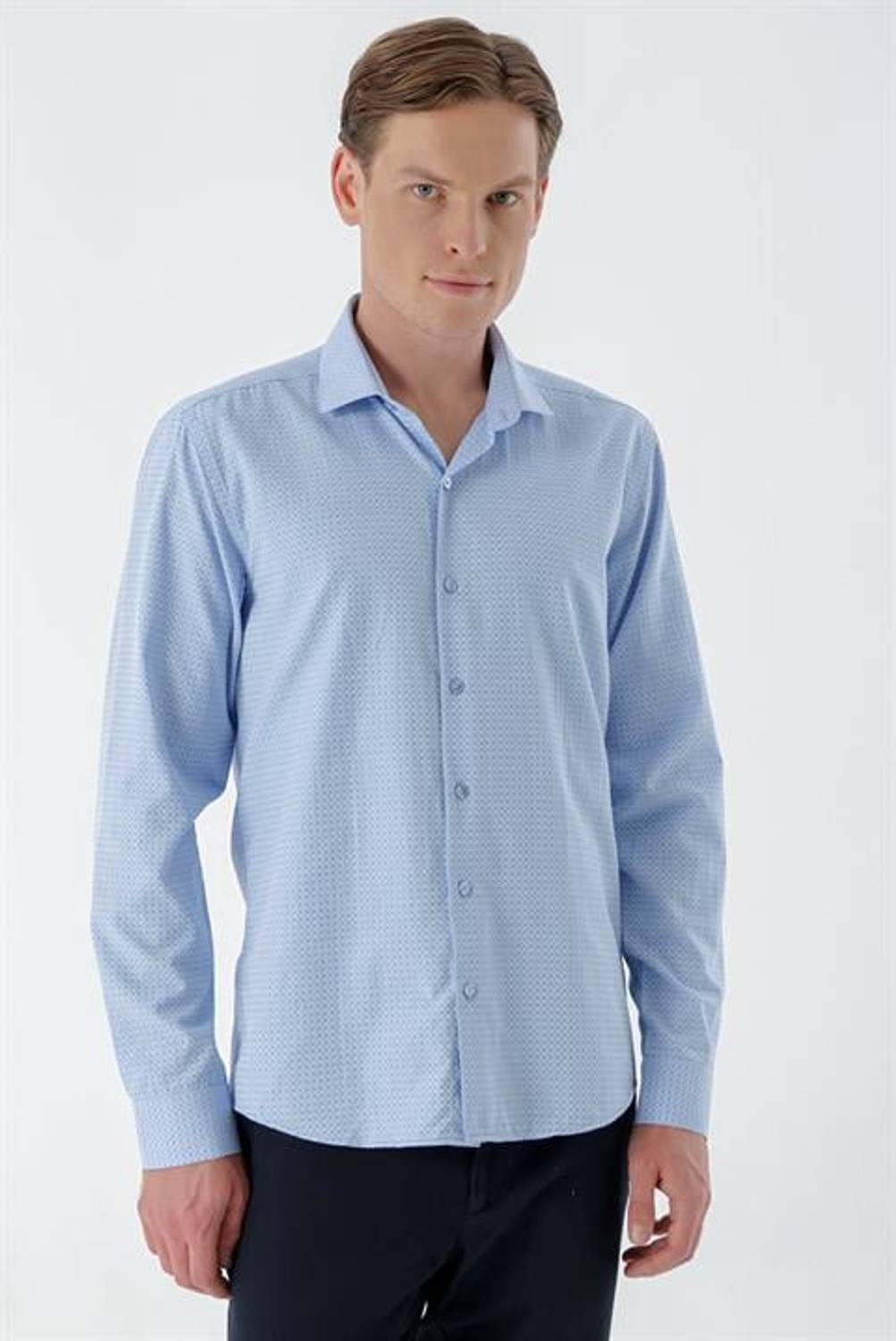 Morven Erkek Mavi Trend Baskılı Desenli İtalyan Yaka Slim Fit Gömlek