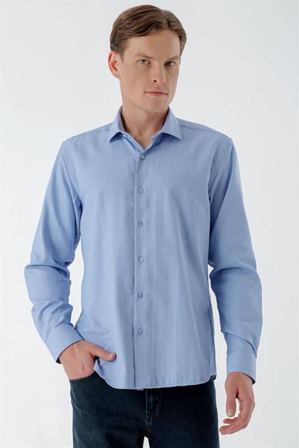 Morven Erkek Mavi Trend Baskılı Desenli İtalyan Yaka Slim Fit Gömlek