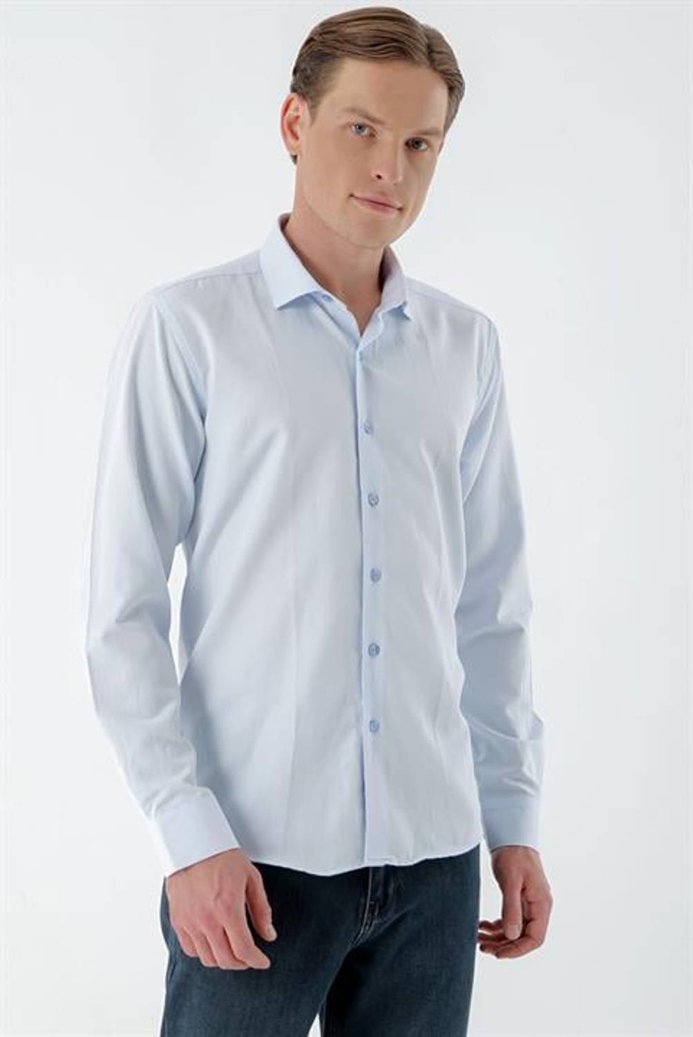 Morven Men's A. BLUE Trend Printed Patterned Italian Collar Slim Fit Shirt