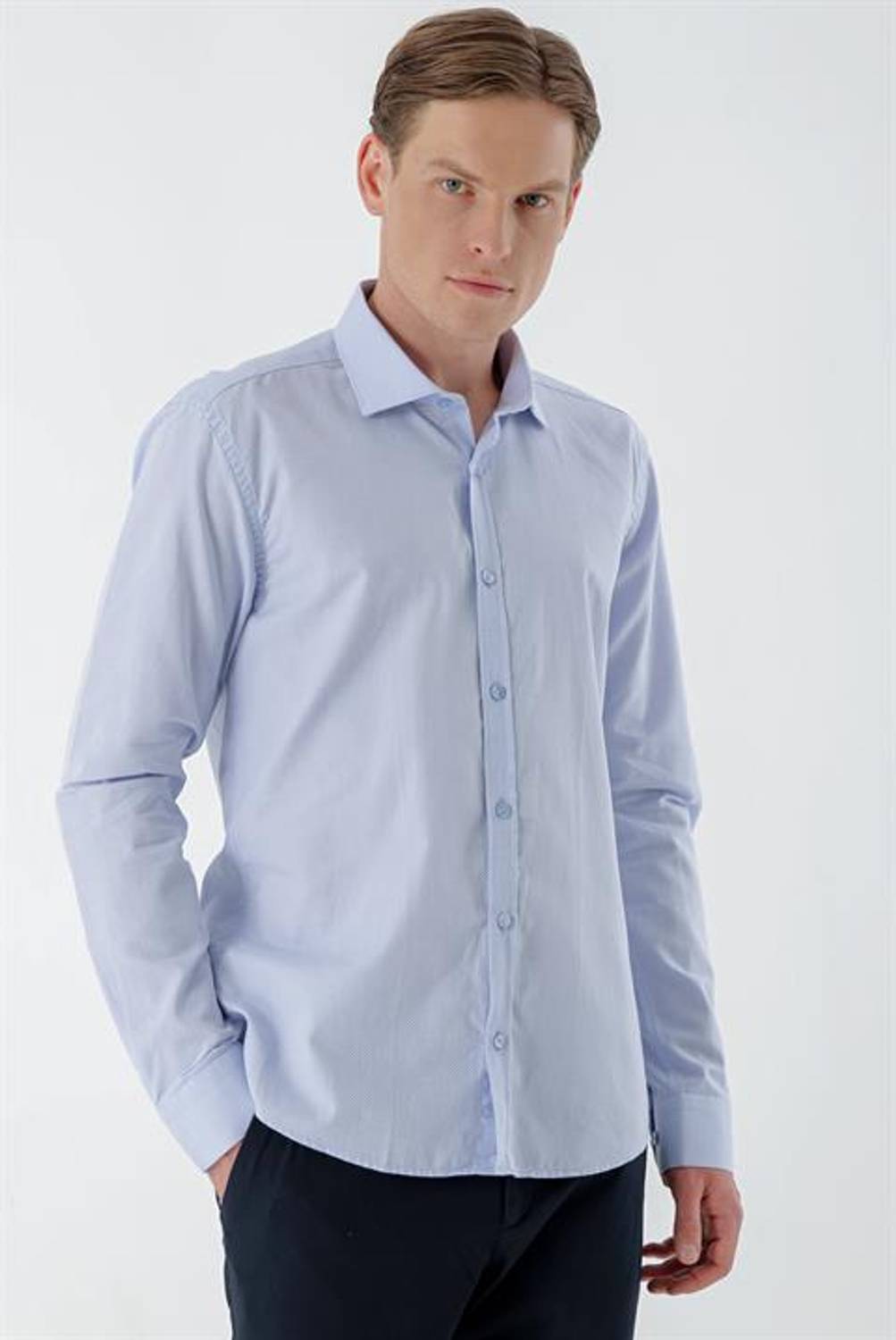 Morven Erkek A. MAVİ Pamuk Desenli İtalyan Yaka Slim Fit Gömlek