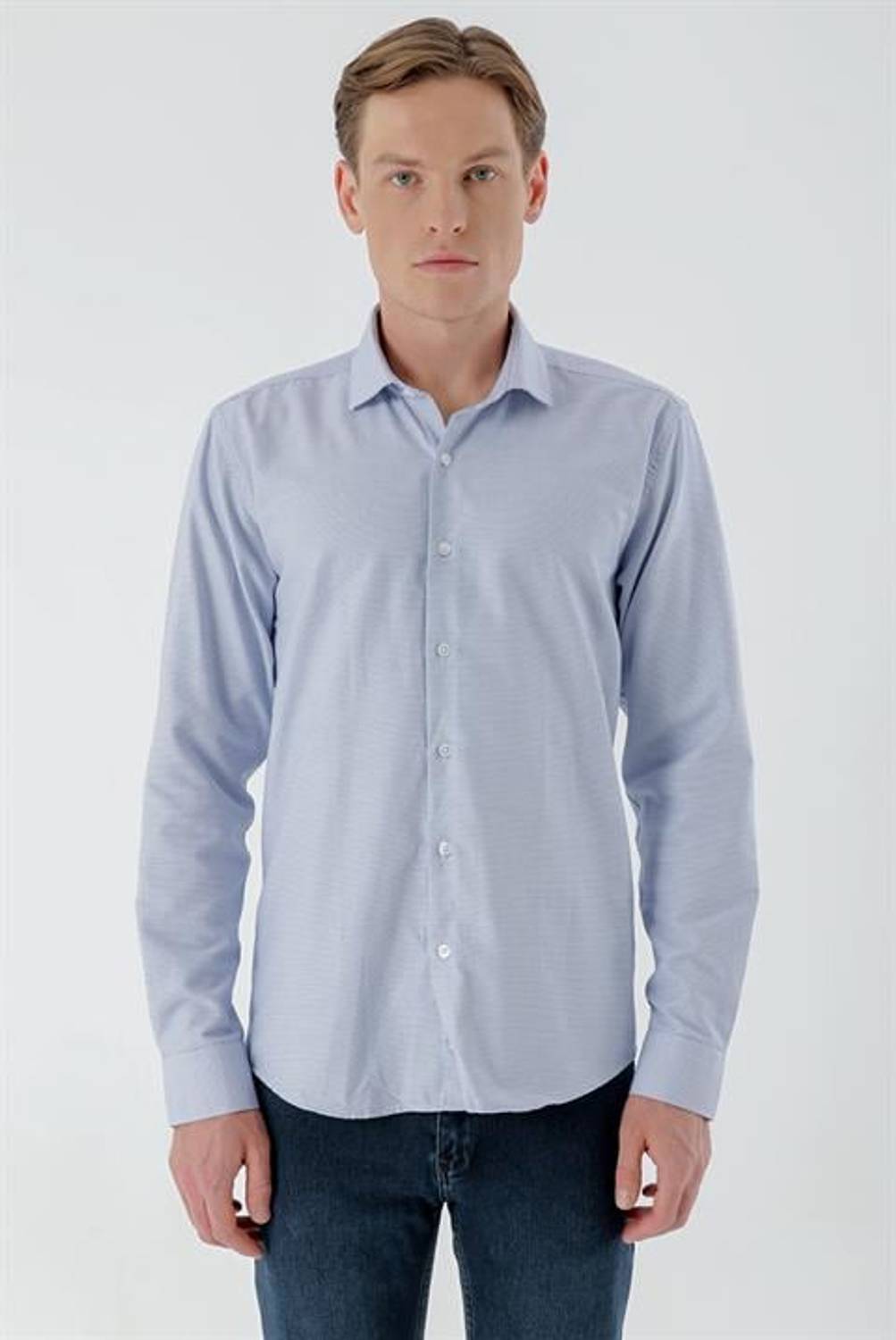 Чоловіча синя сорочка slim fit з принтом та італійським коміром, без кишень, на гудзиках, 63% бавовна, 37% поліестер