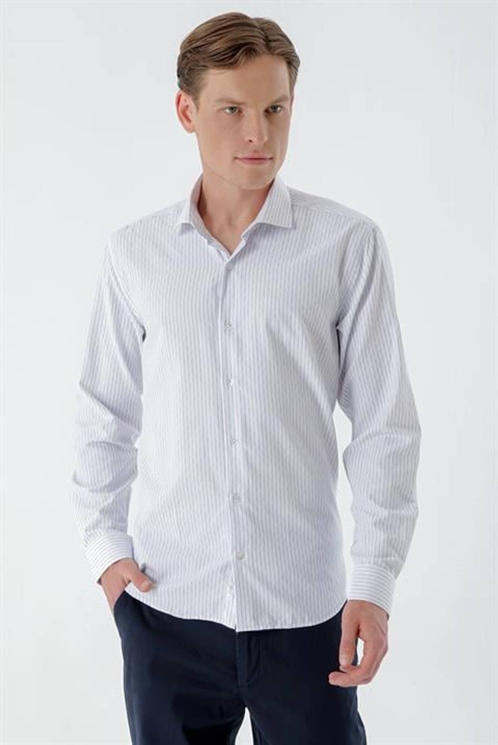Morven Men's White Trend Striped Paneled Italian Collar Slim Fit Shirt