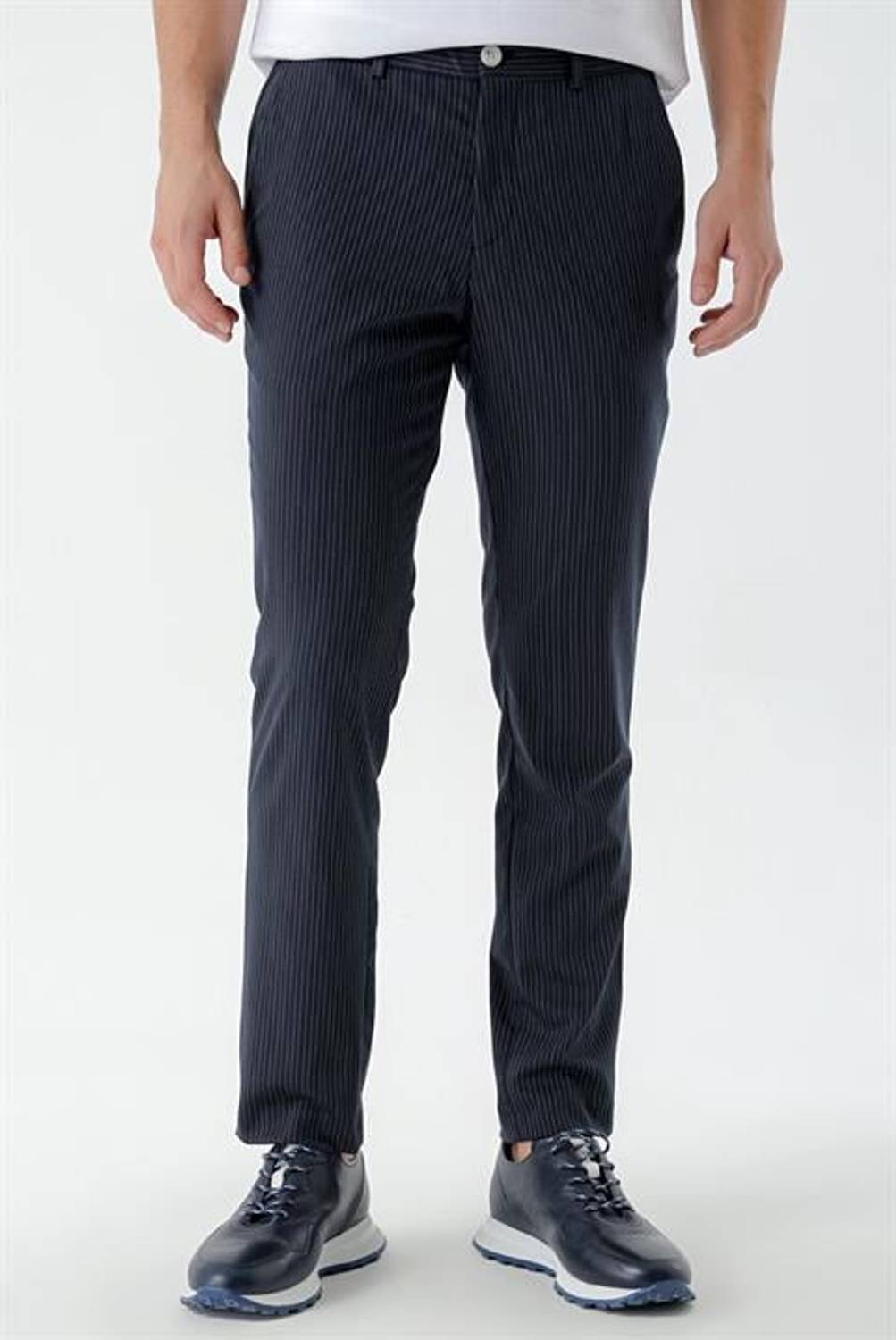 Чоловічі темно-сині класичні штани Slim Fit з полосами Morven, 74% поліестер, 23% віскоза, 3% еластан, з бічними кишенями