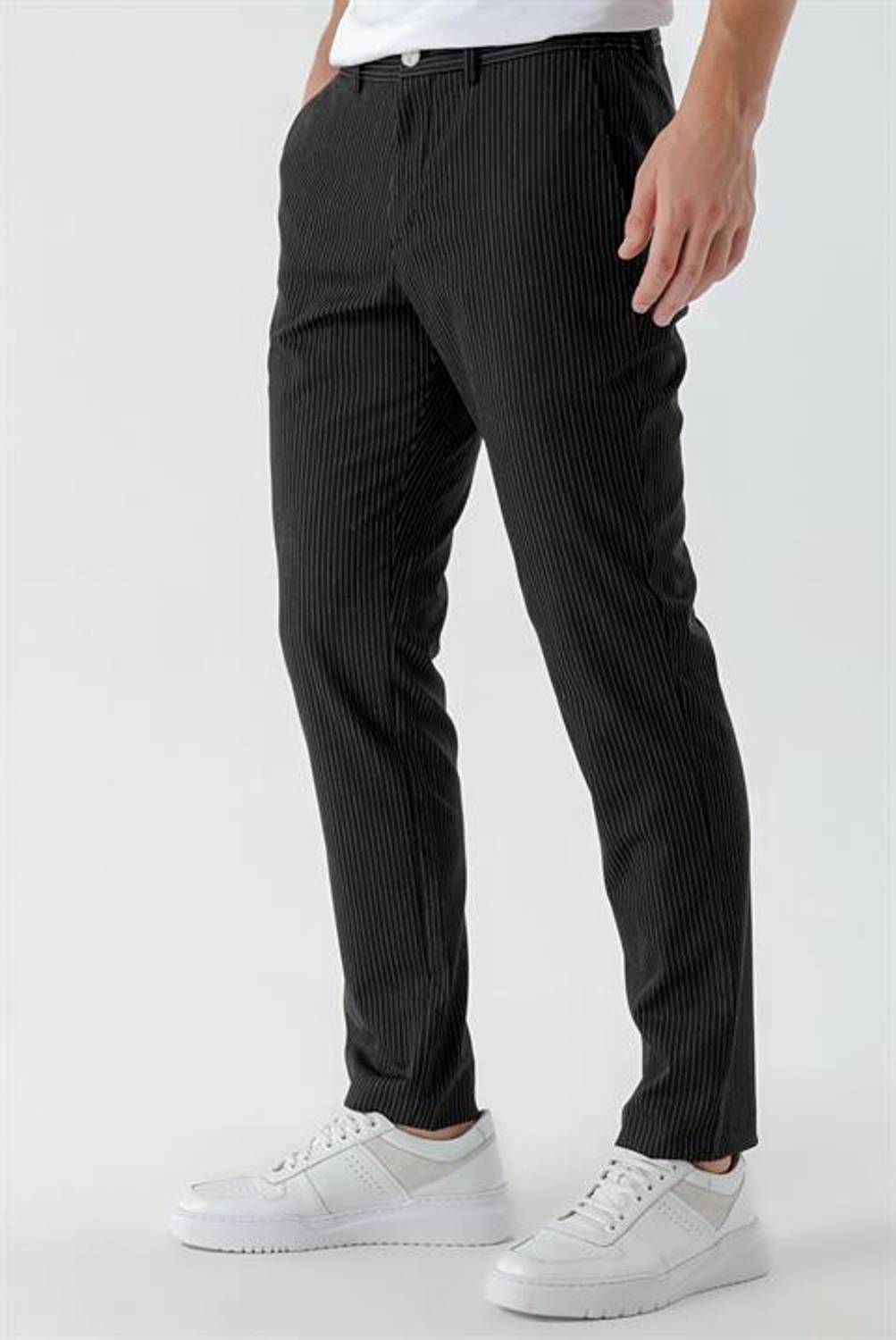 Morven Men's Black Polyviscon Trend Striped Slim Fit Classic Trousers