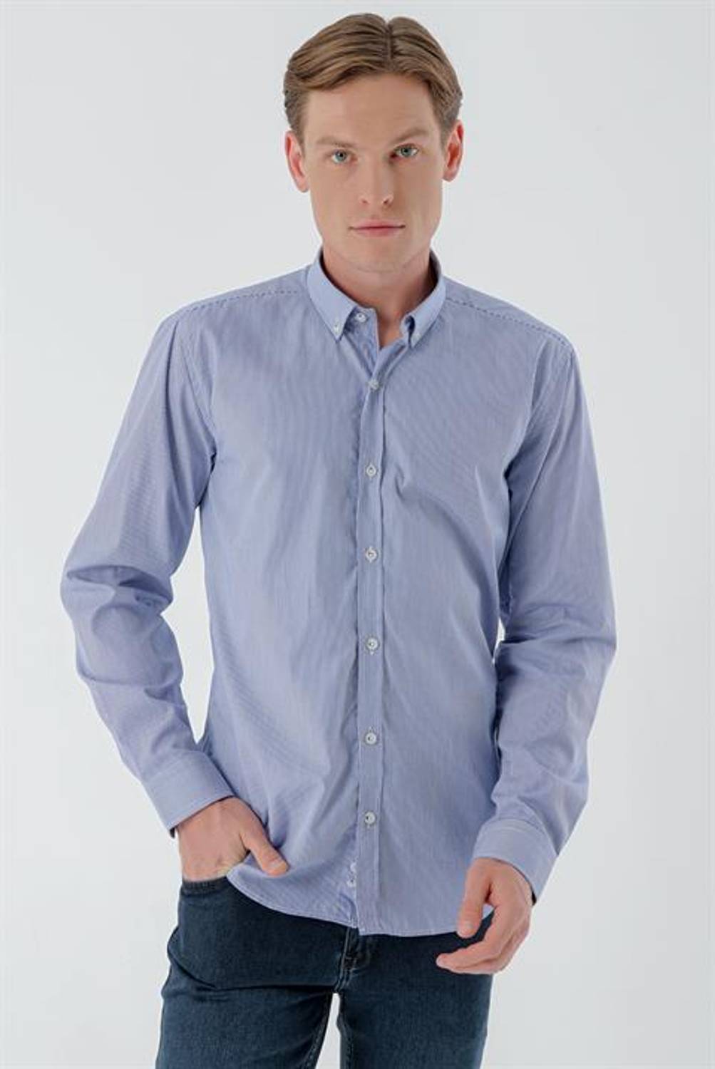 Чоловіча сорочка Morven темно-синього кольору з довгими рукавами, slim fit, без кишень, з італійським коміром, 100% бавовна
