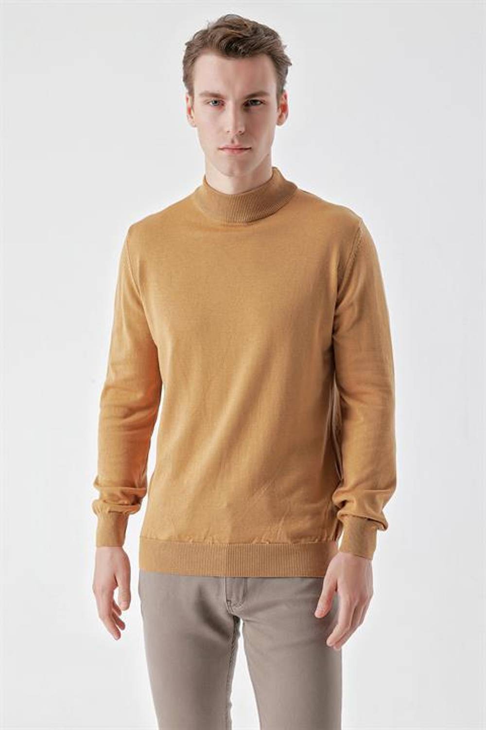 Morven Men's Camel Basic Half Turtleneck Dynamic Fit Comfortable Cut Knitwear