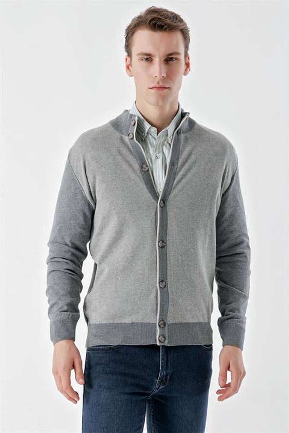 Кардиган для мужчин Morven средней серой расцветки с пуговицами, динамичная посадка, %50 хлопок, %50 акрил, длинные рукава, доступен в размерах M-3XL
